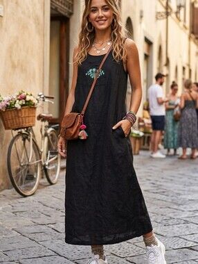 VTG Claire Murray Black Linen Embroidered Floral Midi Dress - Small - Made in US